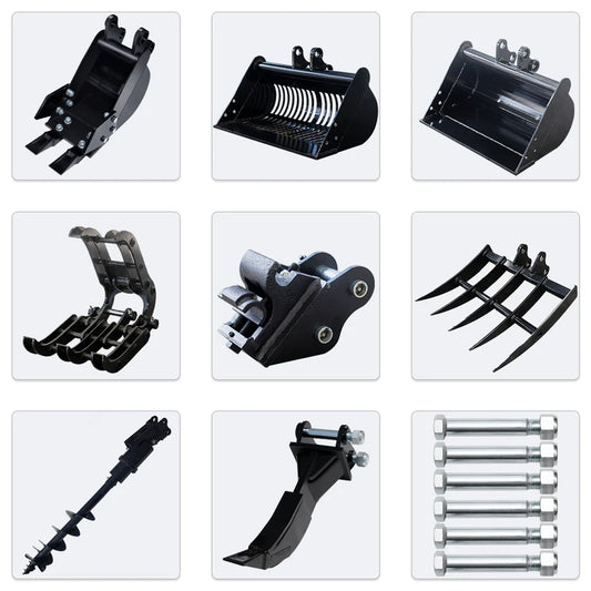 JEMG Narrow Bucket Ripper Rake Auger Total 8 pcs Attachment for Mini Excavator