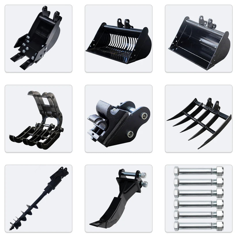 JEMG Narrow Bucket Ripper Rake Auger Total 8 pcs Attachment for Mini Excavator